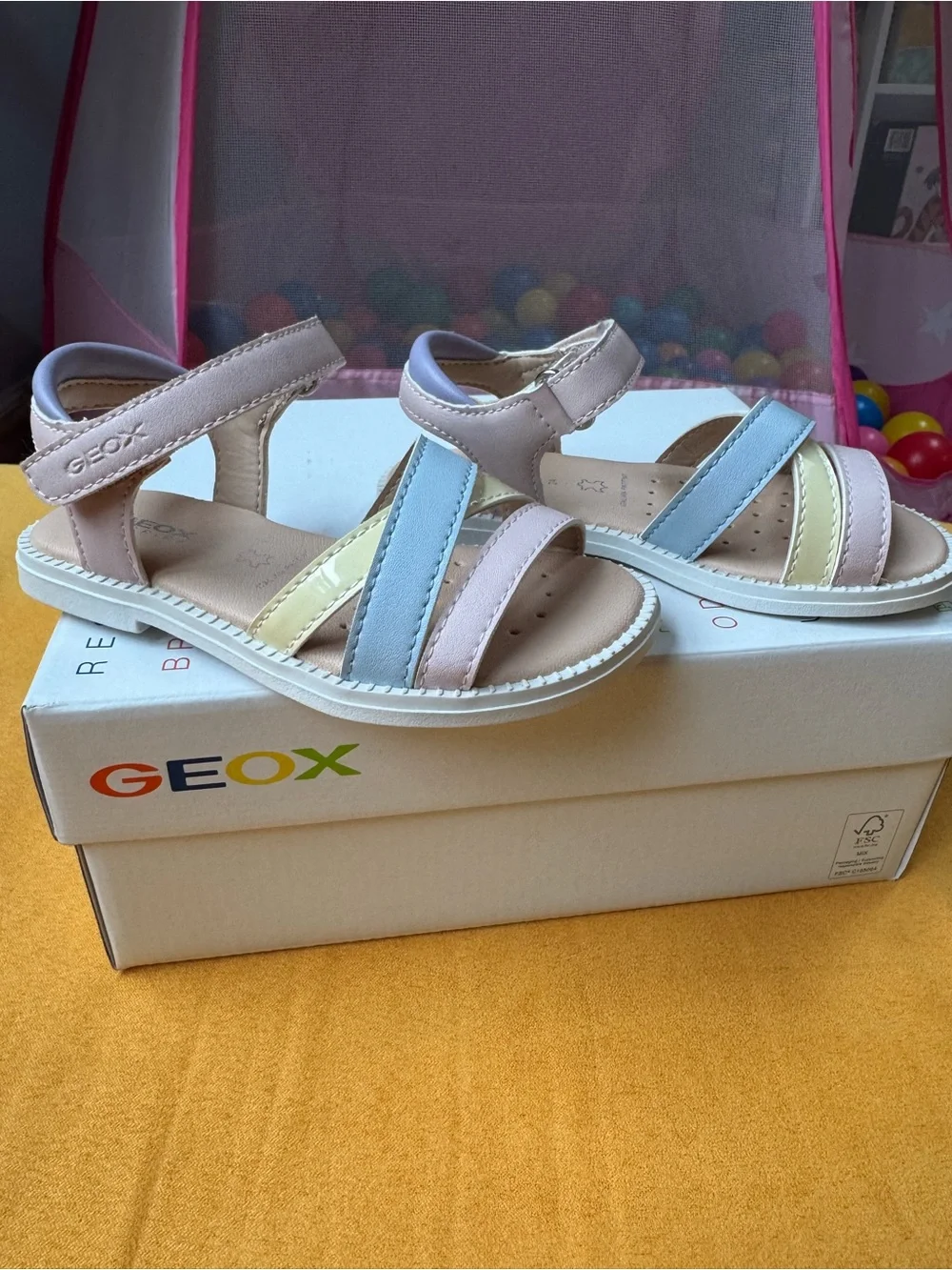 Geox Kids Pastel Leather Multi-Strap Sandals in Pink, Blue & Yellow